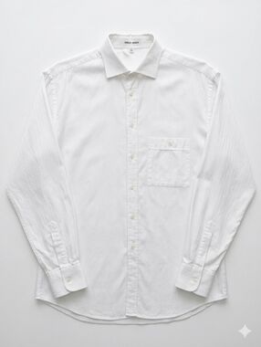 Giorgio Armani White Herringbone Textured Cotton Button Down Dress Shirt